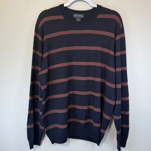 Brooks Brothers Sweater Men XL Navy Blue Merino Wool Striped Crewneck Collegiate